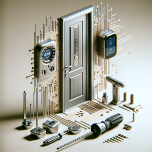 מנעול חכם וצילינדר מותקנים על דלת כניסה מודרנית, לצד כלי עבודה מקצועיים, בהקשר של מנעולן ופורץ דלתות בנס ציונה
