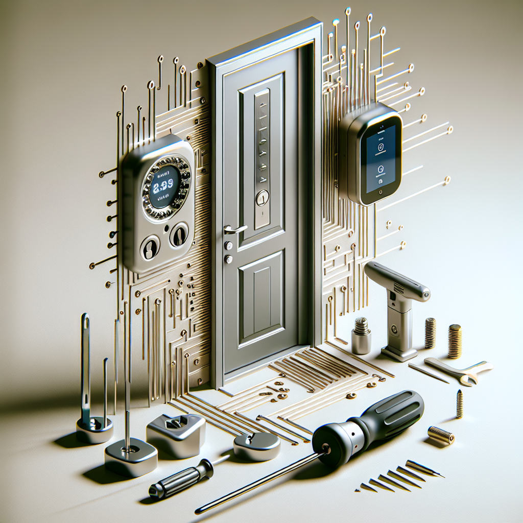 מנעול חכם וצילינדר מותקנים על דלת כניסה מודרנית, לצד כלי עבודה מקצועיים, בהקשר של מנעולן ופורץ דלתות בנס ציונה
