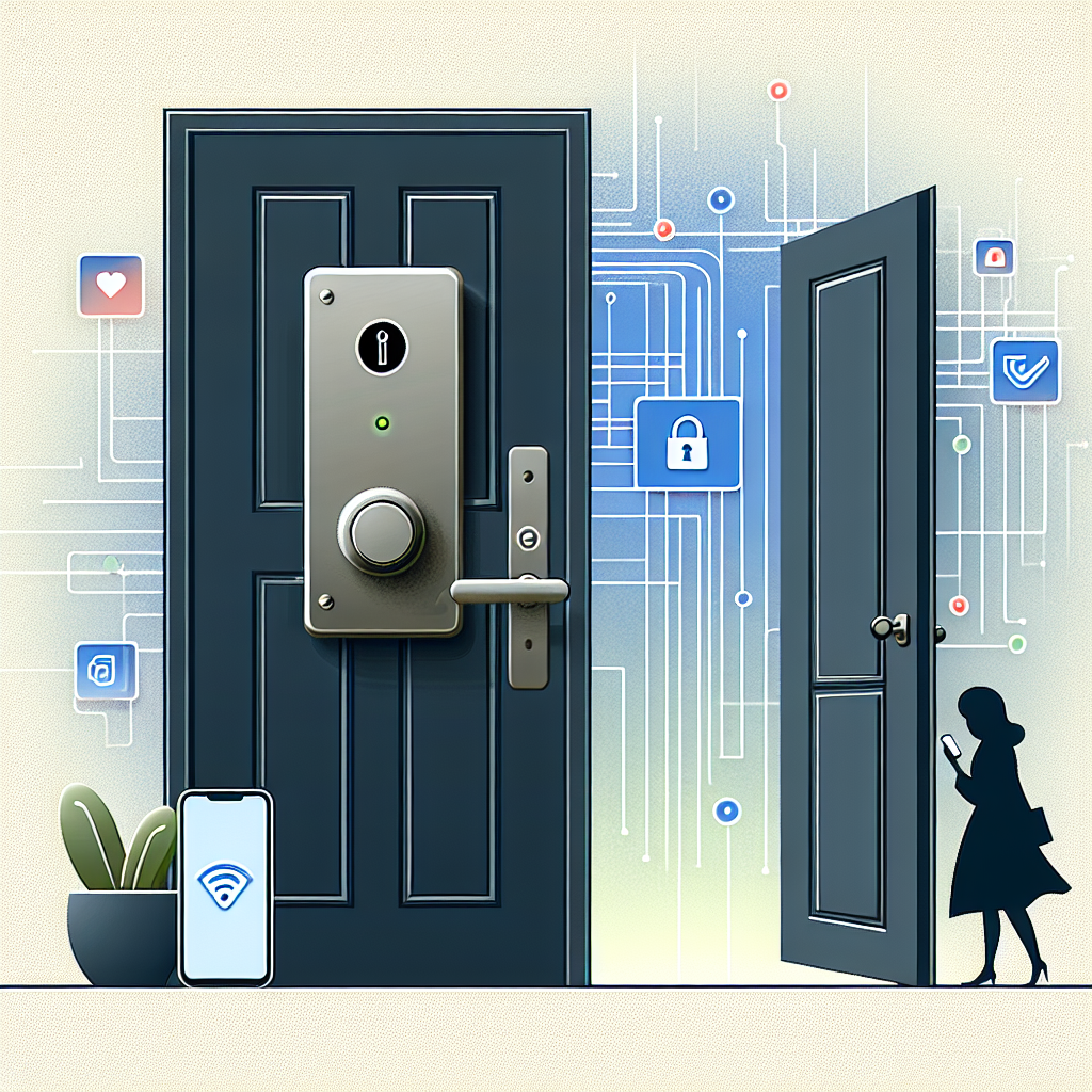 מנעול חכם אלקטרוני מותקן על דלת כניסה לבית, מוקף באייקונים של אבטחה, טכנולוגיה וניהול מהטלפון הנייד. מתאים למאמר על יתרונות מנעולים חכמים לדלת והמלצות מנעולן בנס ציונה.