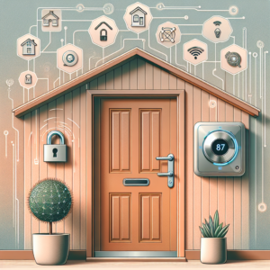 דלת בית מודרנית עם מנעול חכם אלקטרוני וסמלים דיגיטליים המסמלים אבטחה ושקט נפשי, כפי שממליץ מנעולן ברחובות