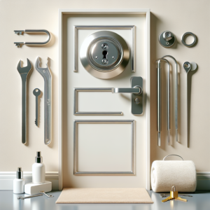 תקריב של דלת מודרנית עם מנעול חדש ומפתחות, כלי עבודה מקצועיים ליד הדלת – מדגישים שירותי מנעולן להחלפת מנעול ברחובות באופן מקצועי ואמין