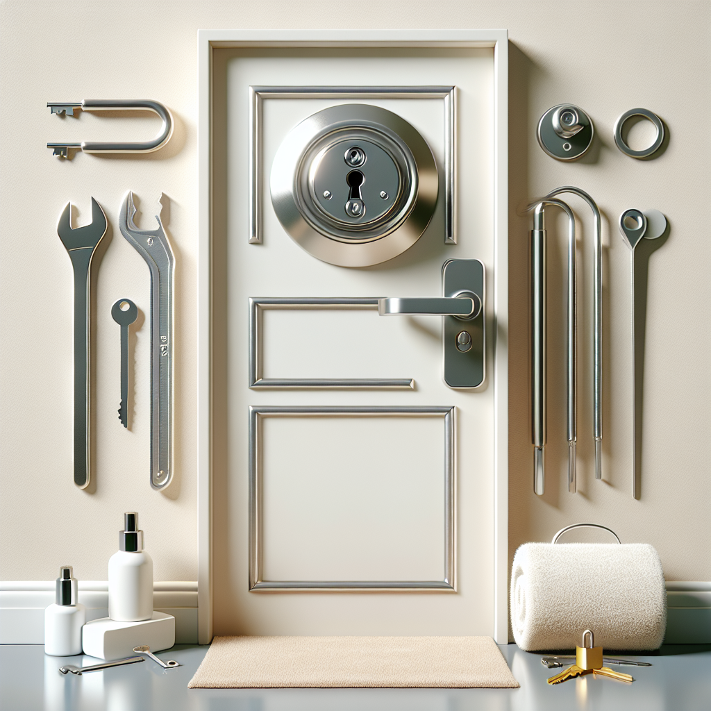 תקריב של דלת מודרנית עם מנעול חדש ומפתחות, כלי עבודה מקצועיים ליד הדלת – מדגישים שירותי מנעולן להחלפת מנעול ברחובות באופן מקצועי ואמין
