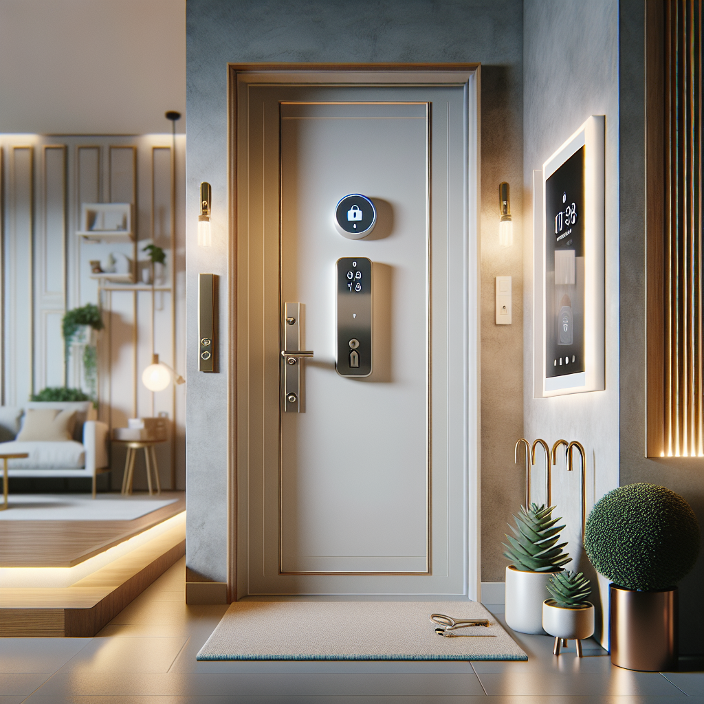 מנעול חכם דיגיטלי מותקן על דלת כניסה לבית לצד מפתח מסורתי ישן, להשוואת טכנולוגיות אבטחה לבית