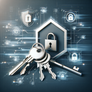סט מפתחות, מנעול ודלת על רקע של אלמנטים דיגיטליים וסמלי אבטחה, המדגימים שירות מנעולן מומלץ במודיעין של דור שירותי חילוץ פריצה ומיגון עם דגש על מהירות, אמינות ומיגון מתקדם לבית ולרכב