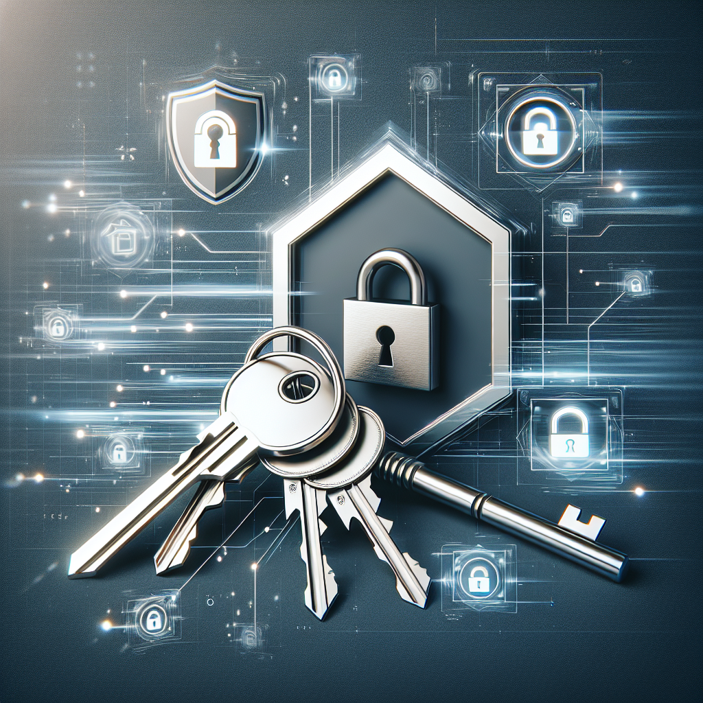 סט מפתחות, מנעול ודלת על רקע של אלמנטים דיגיטליים וסמלי אבטחה, המדגימים שירות מנעולן מומלץ במודיעין של דור שירותי חילוץ פריצה ומיגון עם דגש על מהירות, אמינות ומיגון מתקדם לבית ולרכב