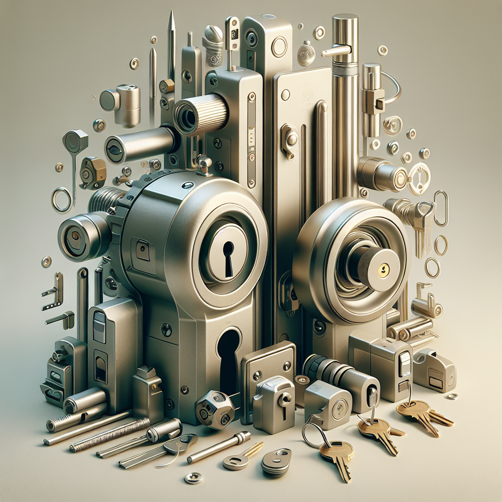 צילינדרים ומנעולים מודרניים לדלת מונחים על רקע נייטרלי, כולל צילינדר איכותי ומפתחות, להמחשת אבטחה והחלפת מנעול לדלת.