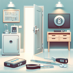 כלי מנעולן מקצועיים מונחים ליד דלת בית סגורה, מנעול פתוח, מפתח רכב וכספת קטנה – המחשה לשירותי מנעולן ברחובות בתחום פריצת דלתות, רכב וכספות.