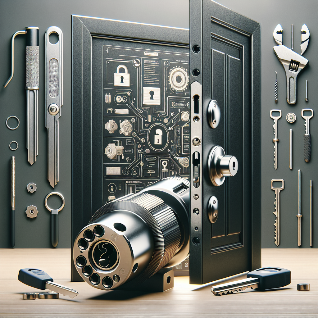 מנעול וצילינדר חדשים על דלת מודרנית עם חבילת מפתחות וכלים מקצועיים של מנעולן ברקע – המחשה להזמנת מנעולן ברחובות וטיפים לבחירת מנעול לדלת.